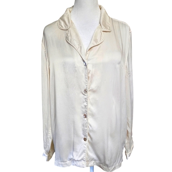 I.MAGNIN Cream vintage 100% silk button up long sleeve top. Size Large - Picture 1 of 11